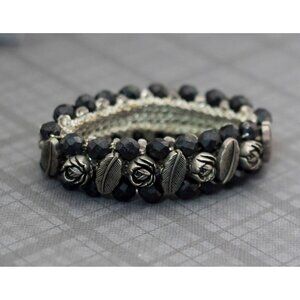 Vintage Gothic Silver Tone Flexible Black Bangle Bracelet G6